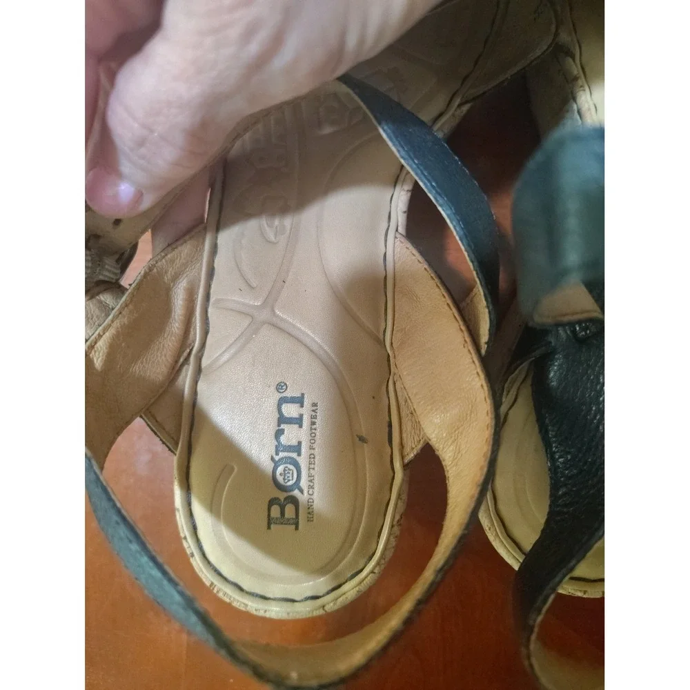 Born Womens Black Leather Cork Wedge Sandals Ankle Strap Buckle‎ Shoes Size 9
